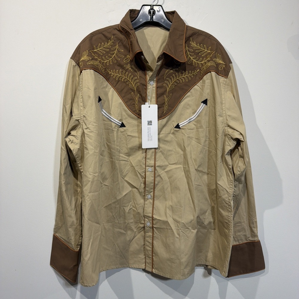 Coofandy Men's Embroidered Brown Leaves Shirt Western Rodeo Button Down Sz XL
